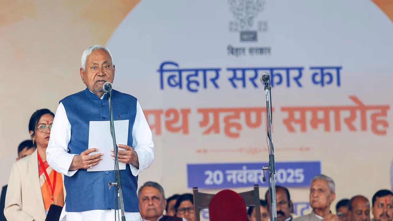 Nitish Kumar takes oath as Bihar CM at swearing in ceremony in Patna (File Photo/ANI) Nitish Kumar takes oath as Bihar CM at swearing in ceremony in Patna (File Photo/ANI)