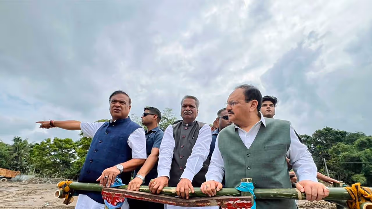 Union Minister JP Nadda and Assam CM Himanta Biswa Sarma visit the flood affected Nepalikhuti area (Photo/ANI) Union Minister JP Nadda and Assam CM Himanta Biswa Sarma visit the flood affected Nepalikhuti area (Photo/ANI)