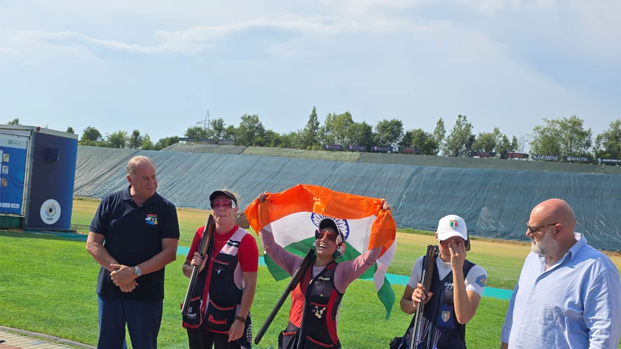 Neeru Dhanda with Indian flag after winning gold medal in trap event at ISSF World Cup 2026 in Italy. (Photo: ISSF) Neeru Dhanda with Indian flag after winning gold medal in trap event at ISSF World Cup 2026 in Italy. (Photo: ISSF)