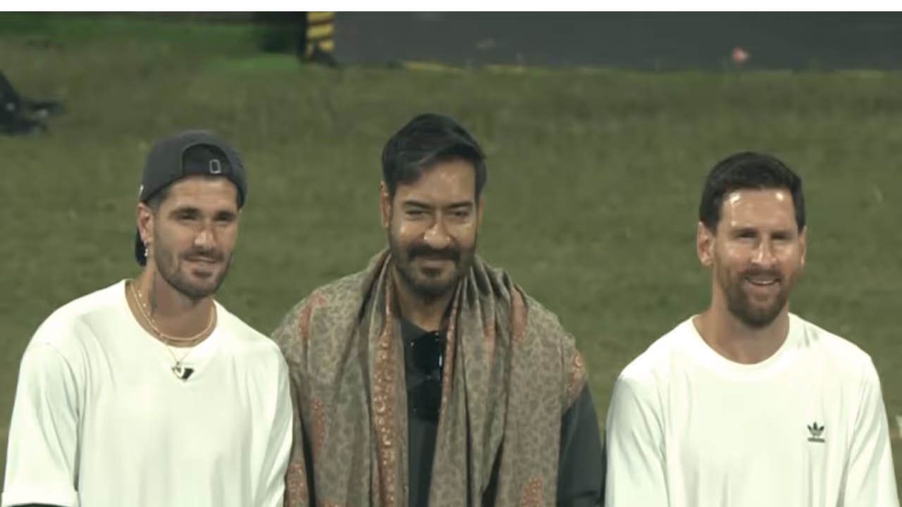 Rodrigo de Paul, Ajay Devgn and Lionel Messi (Photo/ANI)