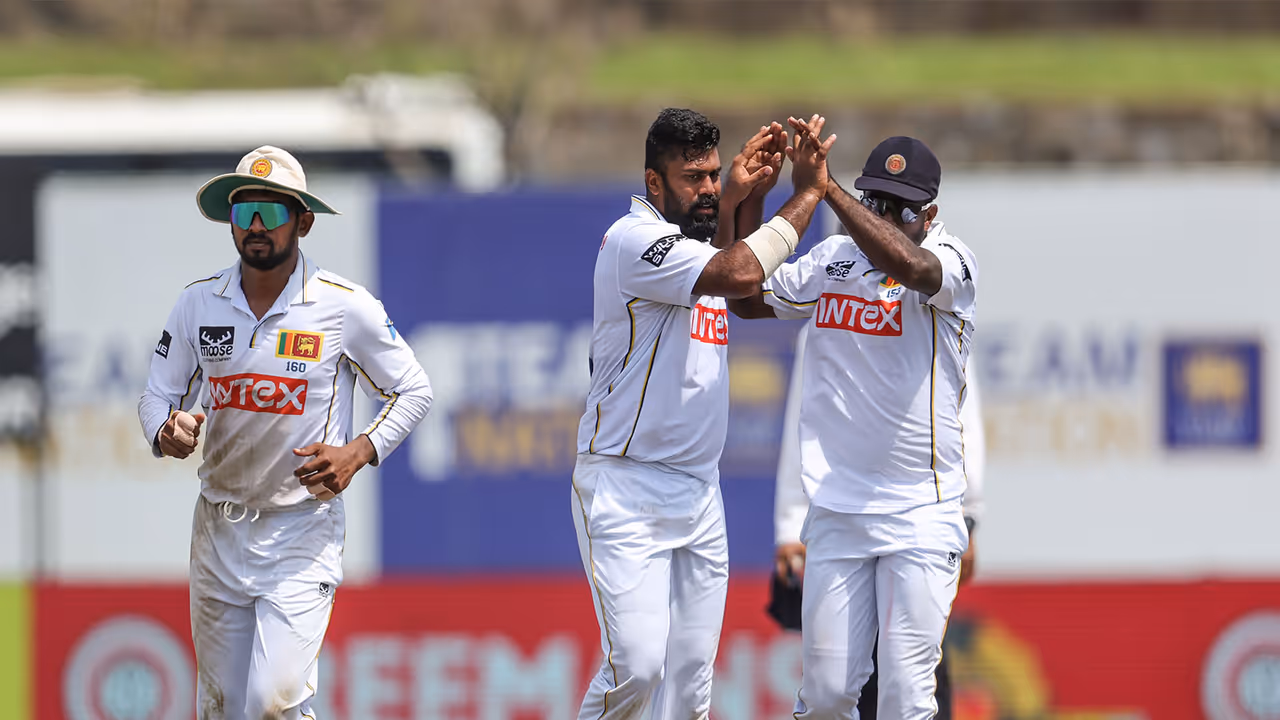 Sri Lanka cricket team players celebrating a wicket in Galle Test. (Photo: ANI) Sri Lanka cricket team players celebrating a wicket in Galle Test. (Photo: ANI)