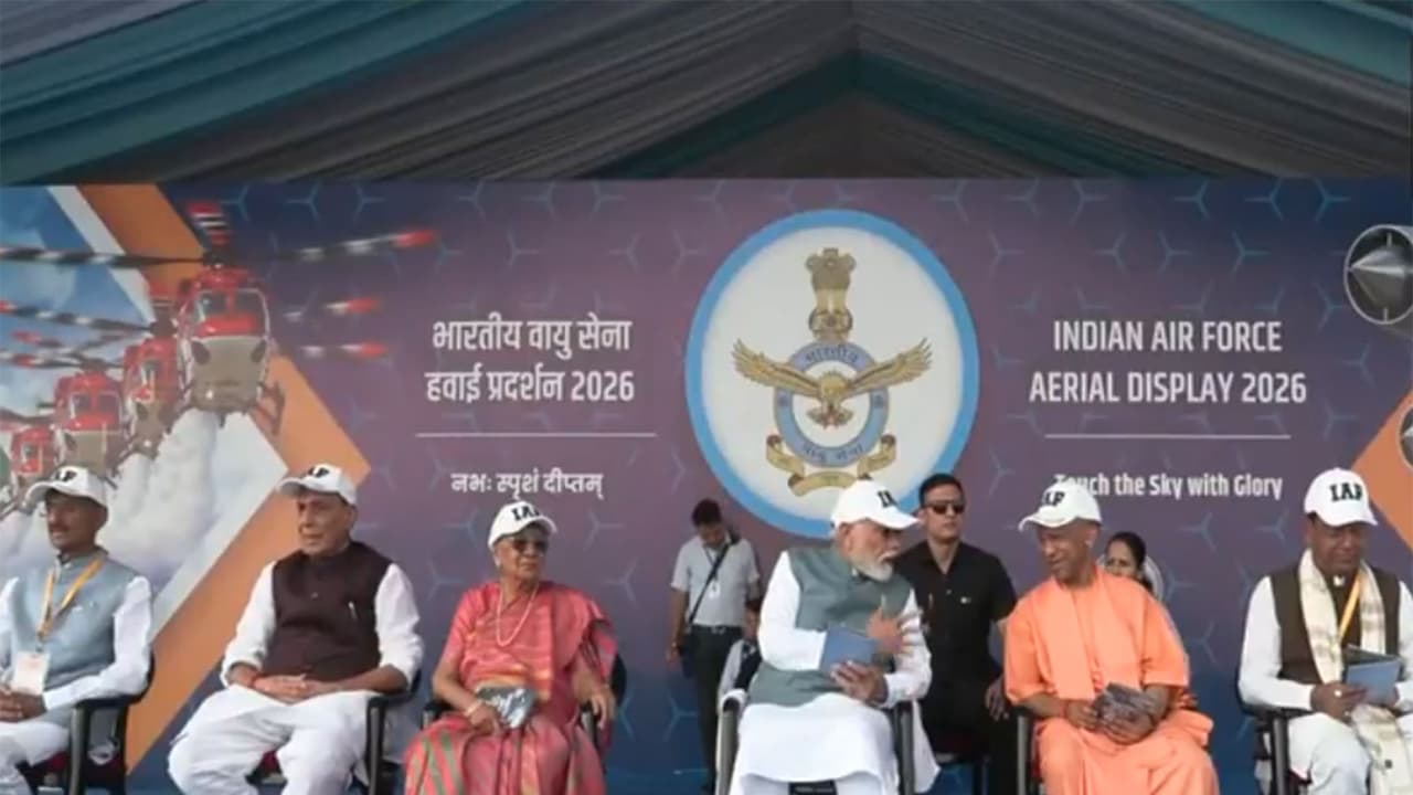 PM Modi at Air Force Day Aerial Display 2026 in Varanasi (Photo/DD News) PM Modi at Air Force Day Aerial Display 2026 in Varanasi (Photo/DD News)