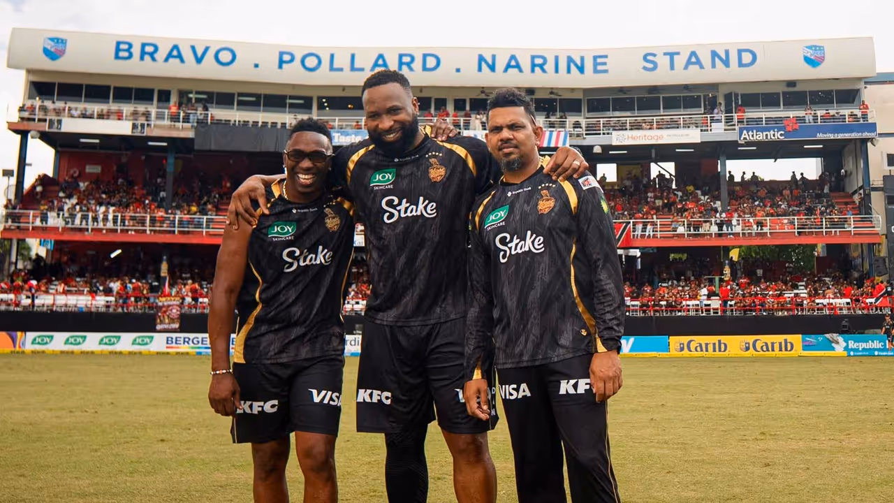 Queen's Park Oval stand named in honour of legends Sunil Narine, Dwayne Bravo and Kieron Pollard (Photo: KKR Media) Queen's Park Oval stand named in honour of legends Sunil Narine, Dwayne Bravo and Kieron Pollard (Photo: KKR Media)