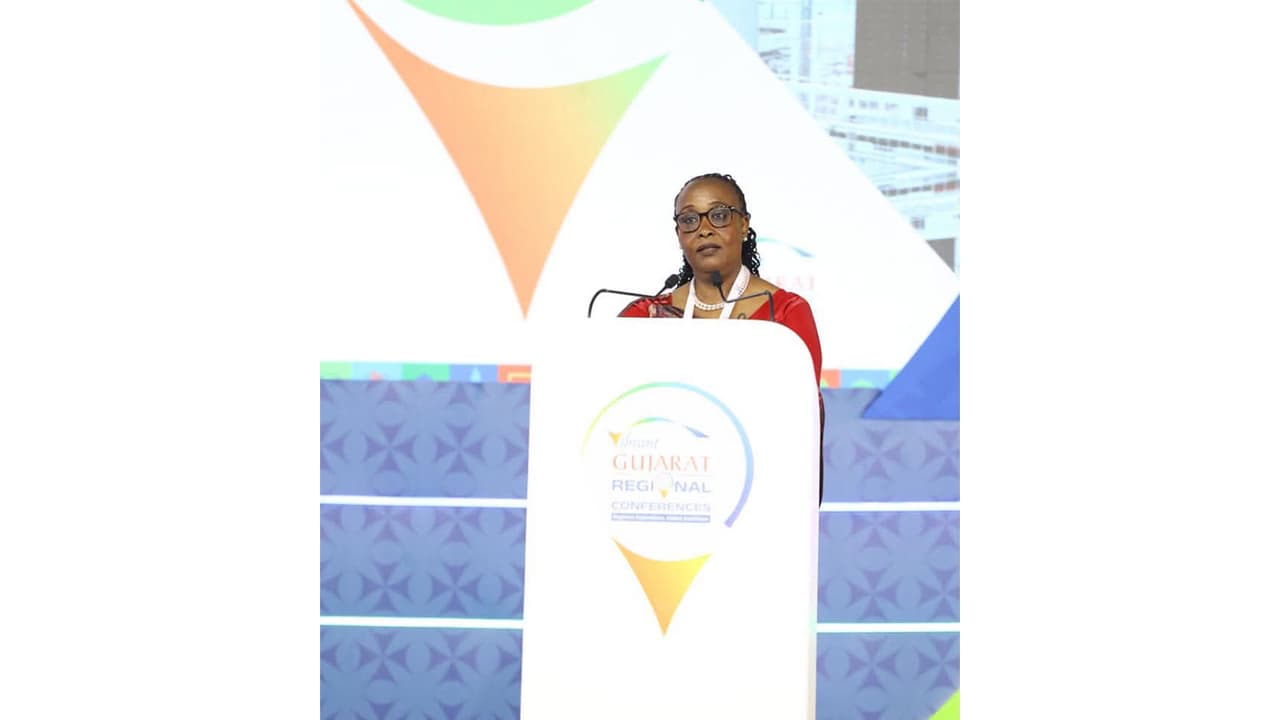 High Commissioner of Rwanda to India Jacqueline Mukangira addresses the 4th Vibrant Gujarat Regional Conference for Central Gujarat in Vadodara. (Photo/ANI) High Commissioner of Rwanda to India Jacqueline Mukangira addresses the 4th Vibrant Gujarat Regional Conference for Central Gujarat in Vadodara. (Photo/ANI)
