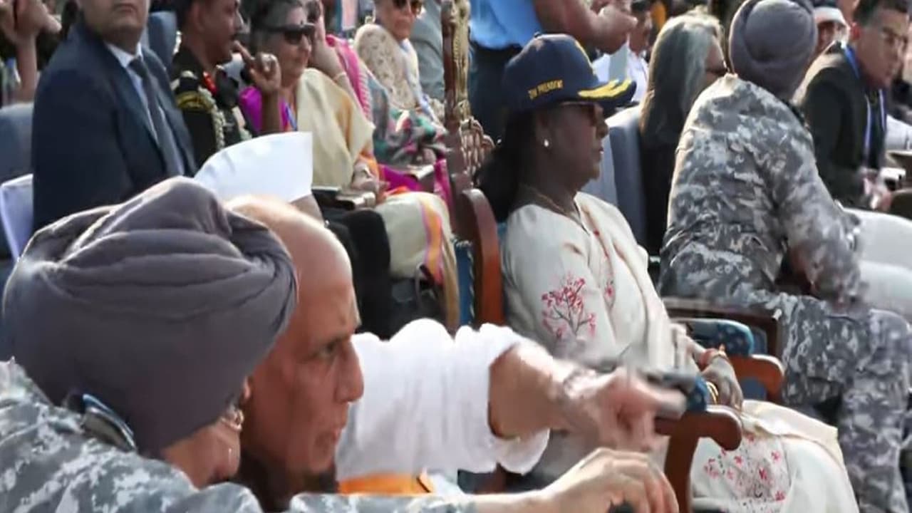 President Droupadi Murmu, Defence Minister Rajnath Singh attend IAF’s Exercise Vayu Shakti in Pokhran (Photo/ANI) President Droupadi Murmu, Defence Minister Rajnath Singh attend IAF’s Exercise Vayu Shakti in Pokhran (Photo/ANI)