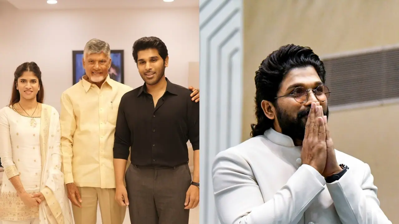 Allu Sirish and wife Nayanika Reddy with Andhra Pradesh CM Chandrababu Naidu (Photo/Instagram@AlluSirish) and Allu Arjun (photo/ANI) Allu Sirish and wife Nayanika Reddy with Andhra Pradesh CM Chandrababu Naidu (Photo/Instagram@AlluSirish) and Allu Arjun (photo/ANI)