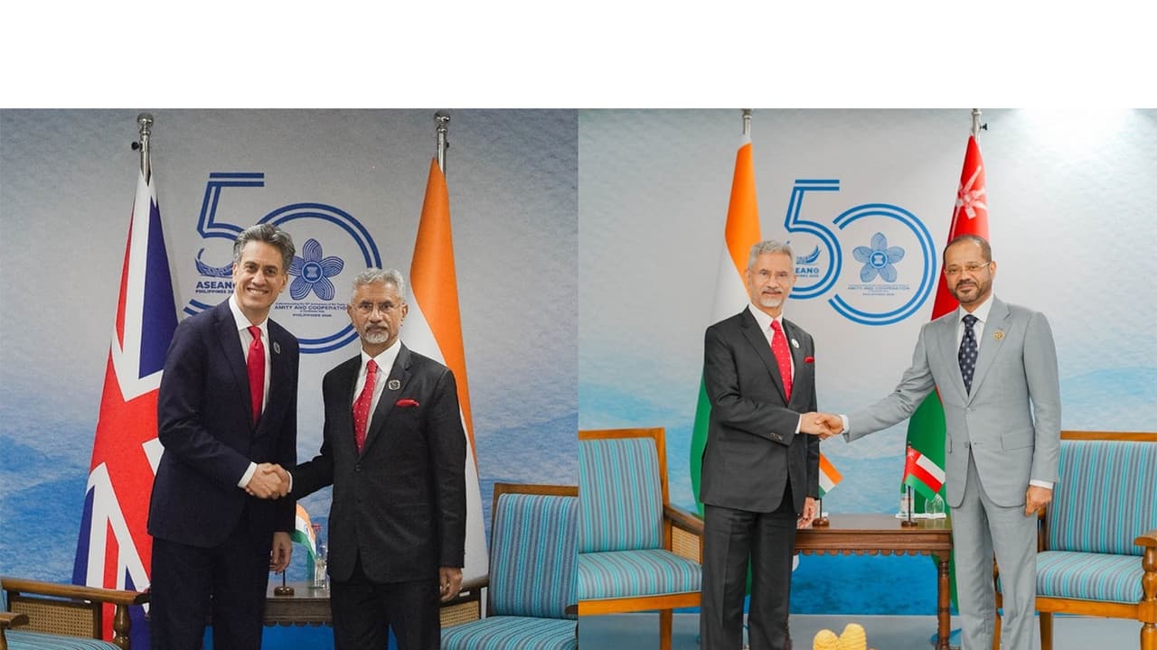 EAM Jaishankar holds bilateral meetings with UK Foreign Secretary Edward Miliband (On Left) and Oman's Foreign Minister Sayyid Badr bin Hamad Al Busaidi (Photo/X/@DrSJaishankar) EAM Jaishankar holds bilateral meetings with UK Foreign Secretary Edward Miliband (On Left) and Oman's Foreign Minister Sayyid Badr bin Hamad Al Busaidi (Photo/X/@DrSJaishankar)