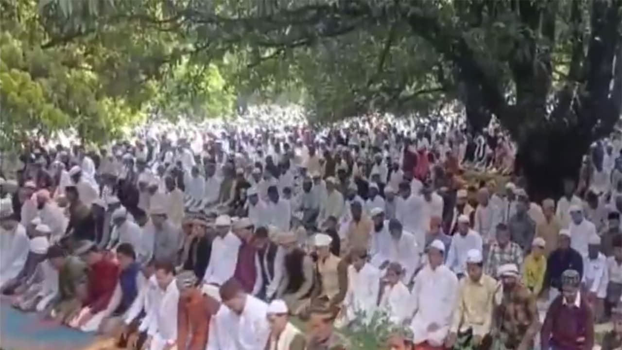 Shia Muslims in Sambhal wear black bands at Eidgah during Eid Namaz (Photo/ANI) Shia Muslims in Sambhal wear black bands at Eidgah during Eid Namaz (Photo/ANI)
