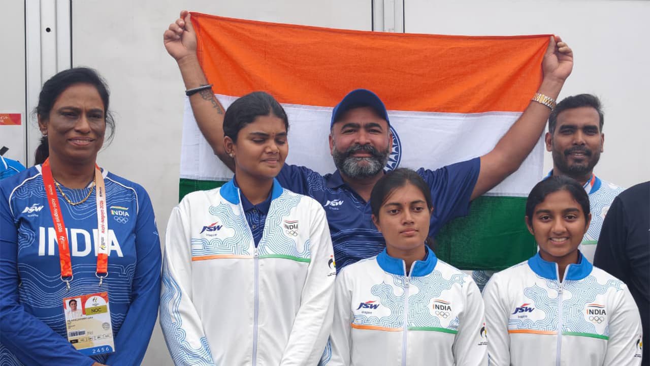 Indian compound archery women's gold medal winning team. (Photo: @PTUshaOfficial X) Indian compound archery women's gold medal winning team. (Photo: @PTUshaOfficial X)