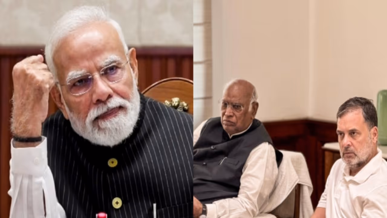Prime Minister Narendra Modi (L), Congress President Mallikarjun Kharge and LoP Lok Sabha Rahul Gandhi (R) (File Photo/ANI) Prime Minister Narendra Modi (L), Congress President Mallikarjun Kharge and LoP Lok Sabha Rahul Gandhi (R) (File Photo/ANI)