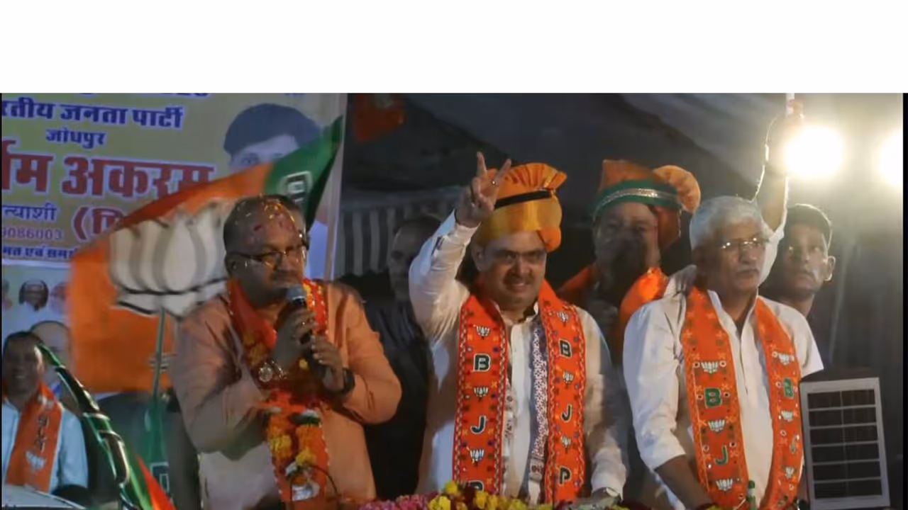 Rajasthan CM Bhajanlal Sharma during a roadshow in Jodhpur ahead of civic polls. (Photo/ANI) Rajasthan CM Bhajanlal Sharma during a roadshow in Jodhpur ahead of civic polls. (Photo/ANI)