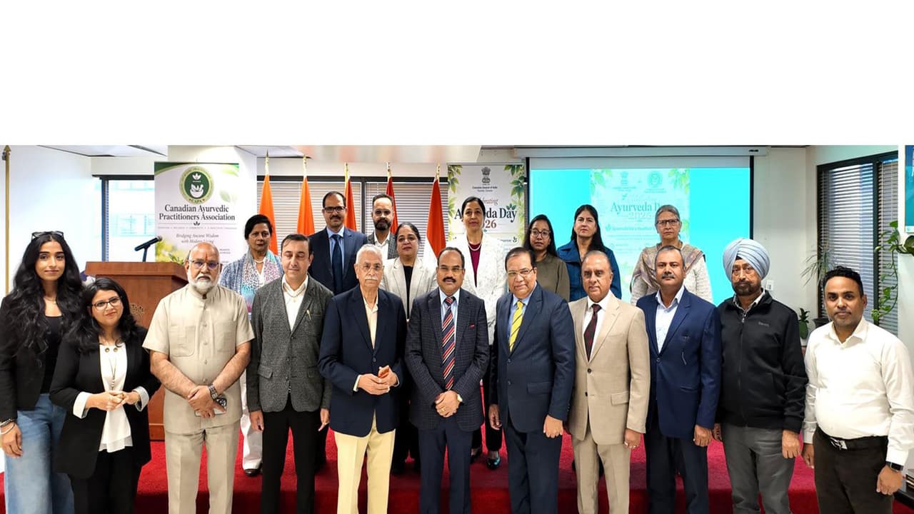 Consul General of India in Toronto, Mahavir Singhvi, along with attendees and speakers, poses for a group photograph during the celebration of Ayurveda Day 2026. (Image Source: Consulate General of India, Toronto) Consul General of India in Toronto, Mahavir Singhvi, along with attendees and speakers, poses for a group photograph during the celebration of Ayurveda Day 2026. (Image Source: Consulate General of India, Toronto)