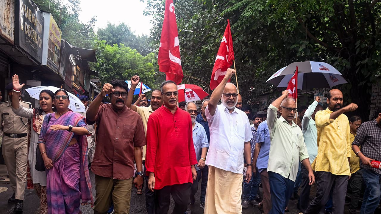 CPI(M) General Secretary MA Baby leads march to Gole Market in Delhi (Photo/ANI) CPI(M) General Secretary MA Baby leads march to Gole Market in Delhi (Photo/ANI)