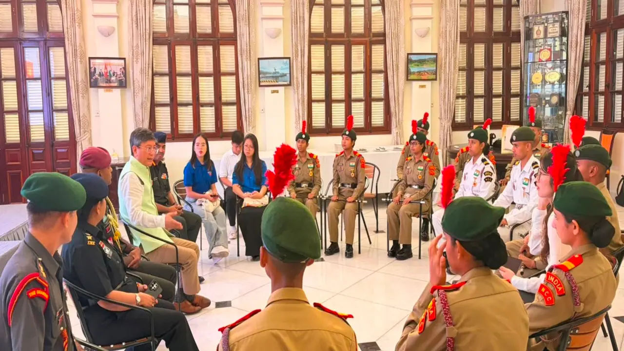 A 15 member NCC delegation interacts with officials at the Indian Embassy in Hanoi, Vietnam (Photo: X/@AmbHanoi) A 15 member NCC delegation interacts with officials at the Indian Embassy in Hanoi, Vietnam (Photo: X/@AmbHanoi)