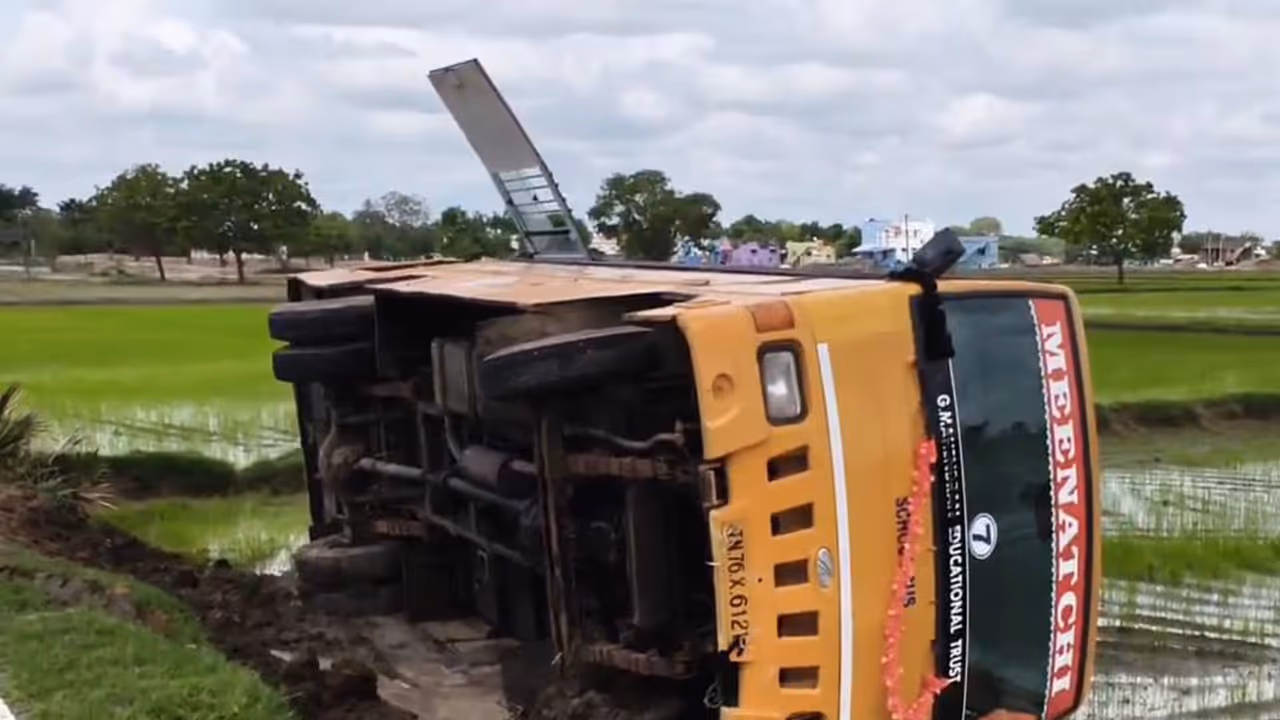 School van overturns in Ramanathapuram field (Photo: ANI) School van overturns in Ramanathapuram field (Photo: ANI)