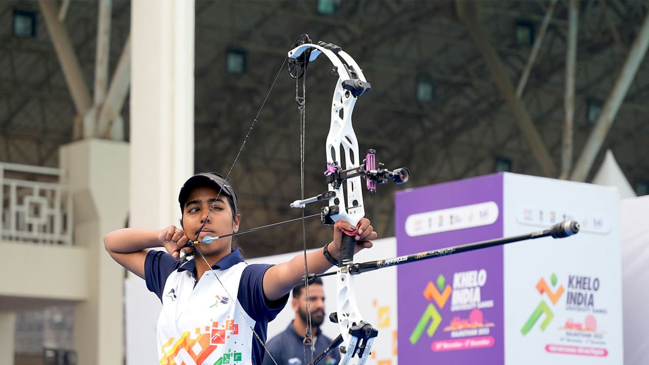 Archer Aditi Swami Gopichand in action during Khelo India University Games 2025 (Image: SAI media)