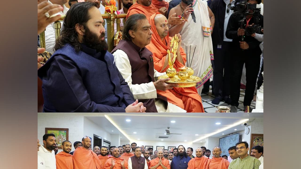 Mukesh Ambani and Anant Ambani at Kashtbhanjandev Hanuman Mandir (Photo/Reliance) Mukesh Ambani and Anant Ambani at Kashtbhanjandev Hanuman Mandir (Photo/Reliance)