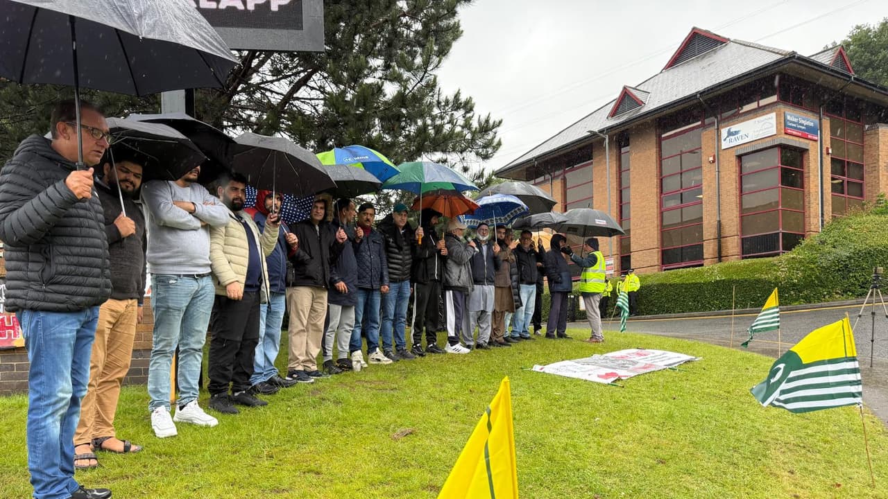 PoJK activists protest outside the Pakistani Consulate in Bradford, UK, demanding justice for victims of a violent military crackdown. (Photo/ANI) PoJK activists protest outside the Pakistani Consulate in Bradford, UK, demanding justice for victims of a violent military crackdown. (Photo/ANI)
