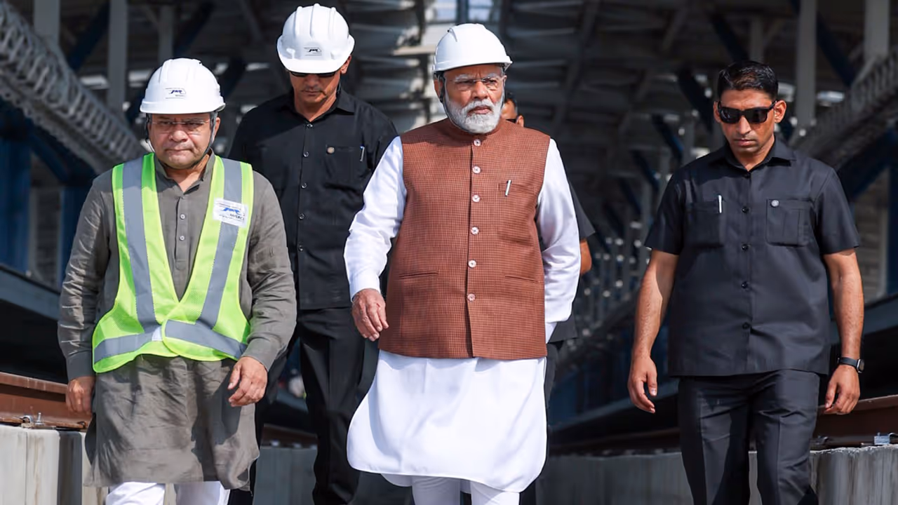 Prime Minister Narendra Modi, during his visit to review the progress of the Mumbai Ahmedabad bullet train project at the under construction Surat bullet train station (Photo: DPR PMO/ANI) Prime Minister Narendra Modi, during his visit to review the progress of the Mumbai Ahmedabad bullet train project at the under construction Surat bullet train station (Photo: DPR PMO/ANI)