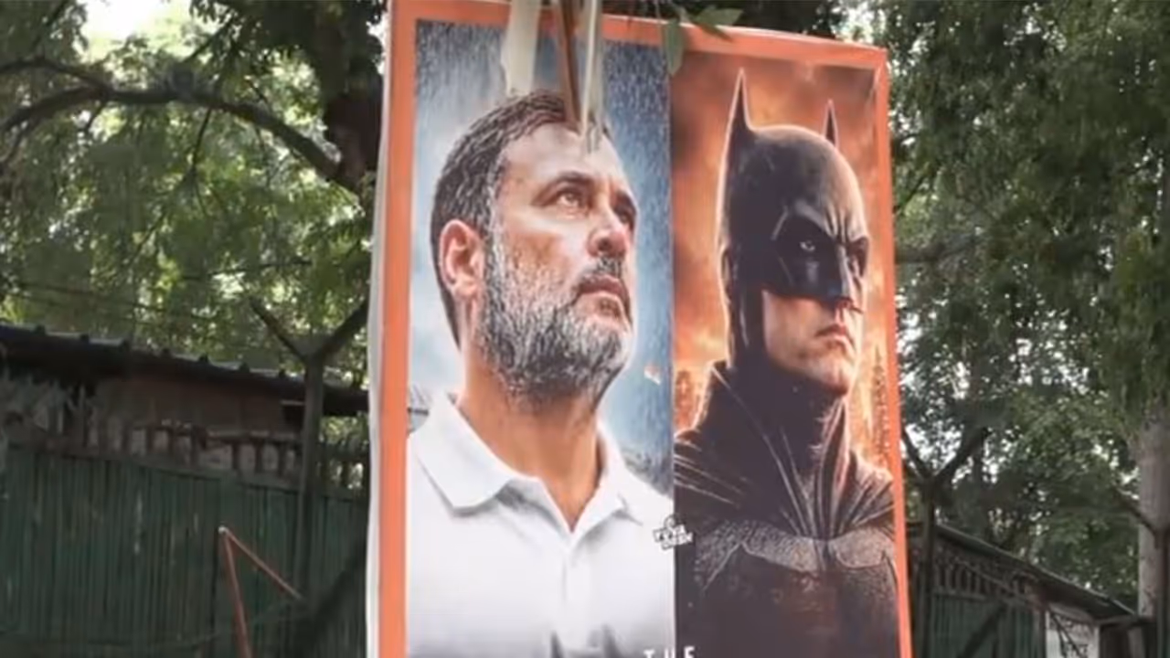 Rahul Gandhi's 'Batman' posters outside Congress headquarters (Photo/ANI) Rahul Gandhi's 'Batman' posters outside Congress headquarters (Photo/ANI)