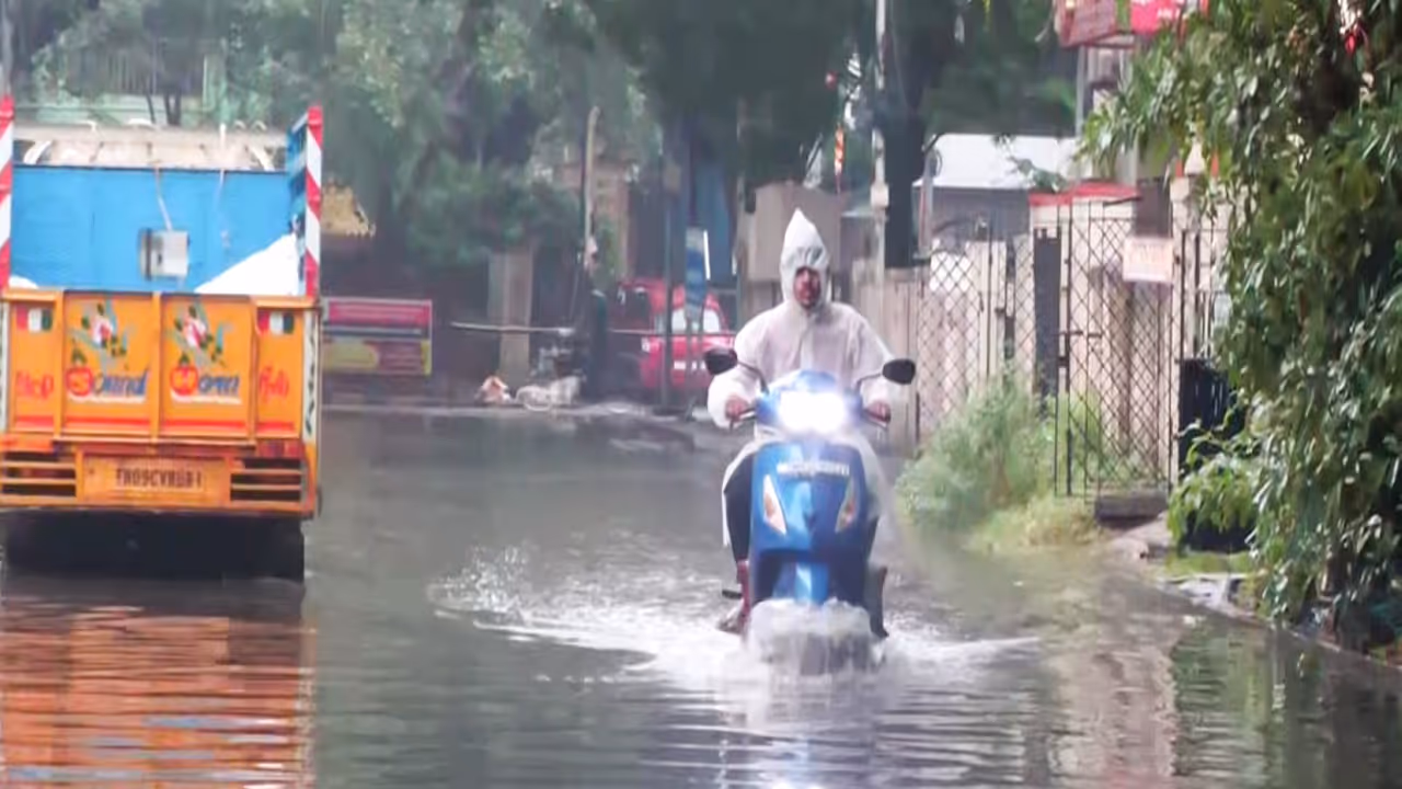 A commuter paves way through a waterlogged street due to heavy rainfall triggered by Cyclone Ditwah (Photo/ANI) A commuter paves way through a waterlogged street due to heavy rainfall triggered by Cyclone Ditwah (Photo/ANI)
