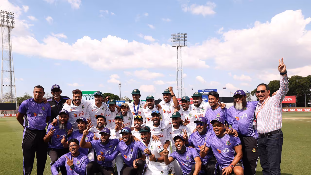 Bangladesh players and staff celebrating after historic Test win over Australia in Darwin (Photo: X/@cricketcomau) Bangladesh players and staff celebrating after historic Test win over Australia in Darwin (Photo: X/@cricketcomau)