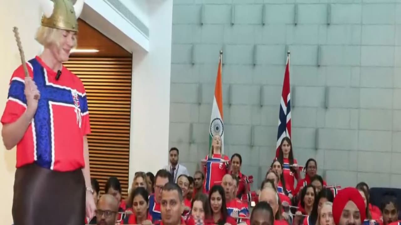 Norway Ambassador to India May Elin Stener leads Viking Row celebrations in Norway Embassy. (Photo: ANI) Norway Ambassador to India May Elin Stener leads Viking Row celebrations in Norway Embassy. (Photo: ANI)
