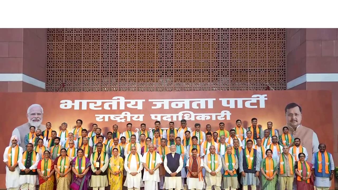 PM Modi poses for a group pic with BJP's new national team (Photo/DD News) PM Modi poses for a group pic with BJP's new national team (Photo/DD News)