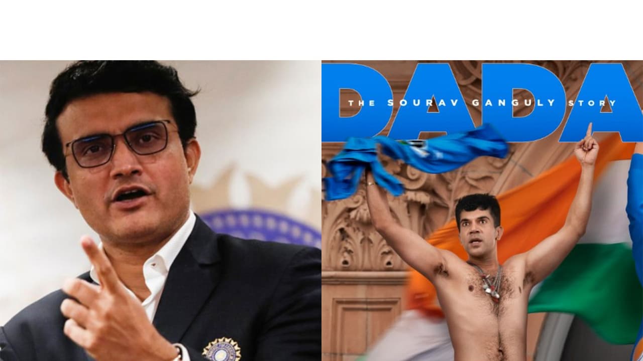 Sourav Ganguly (L) Dada poster (R) (Photos/ANI/instagram/@rajkummar_rao) Sourav Ganguly (L) Dada poster (R) (Photos/ANI/instagram/@rajkummar_rao)