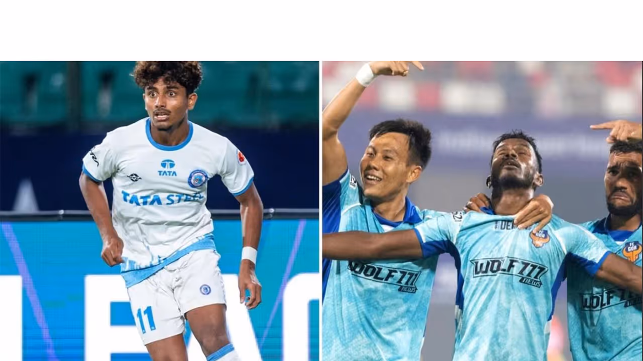 Jamshedpur FC player in action (L); FC Goa players celebrating (R) (Photo/ISL)