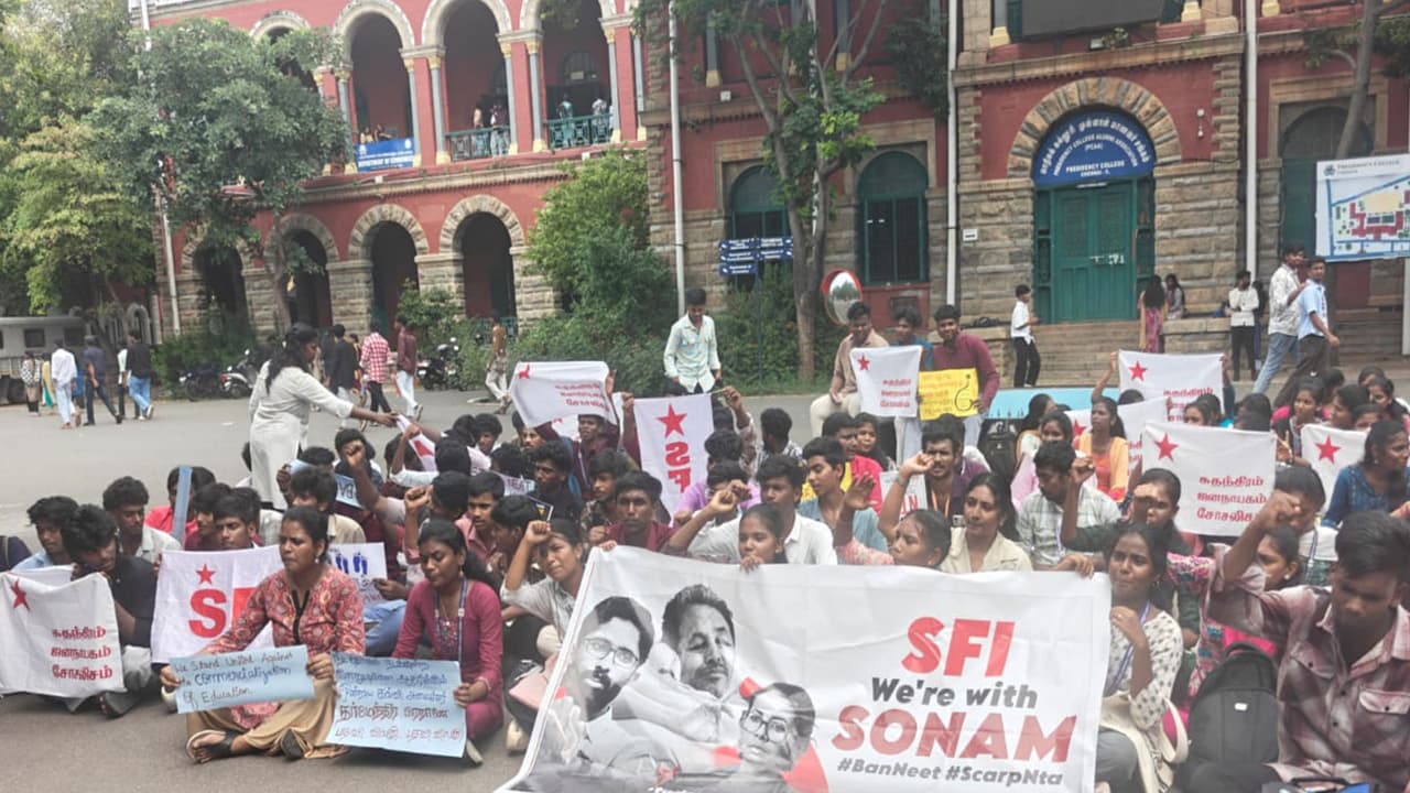 Students protest inside college in Chennai (Photo/ANI) Students protest inside college in Chennai (Photo/ANI)