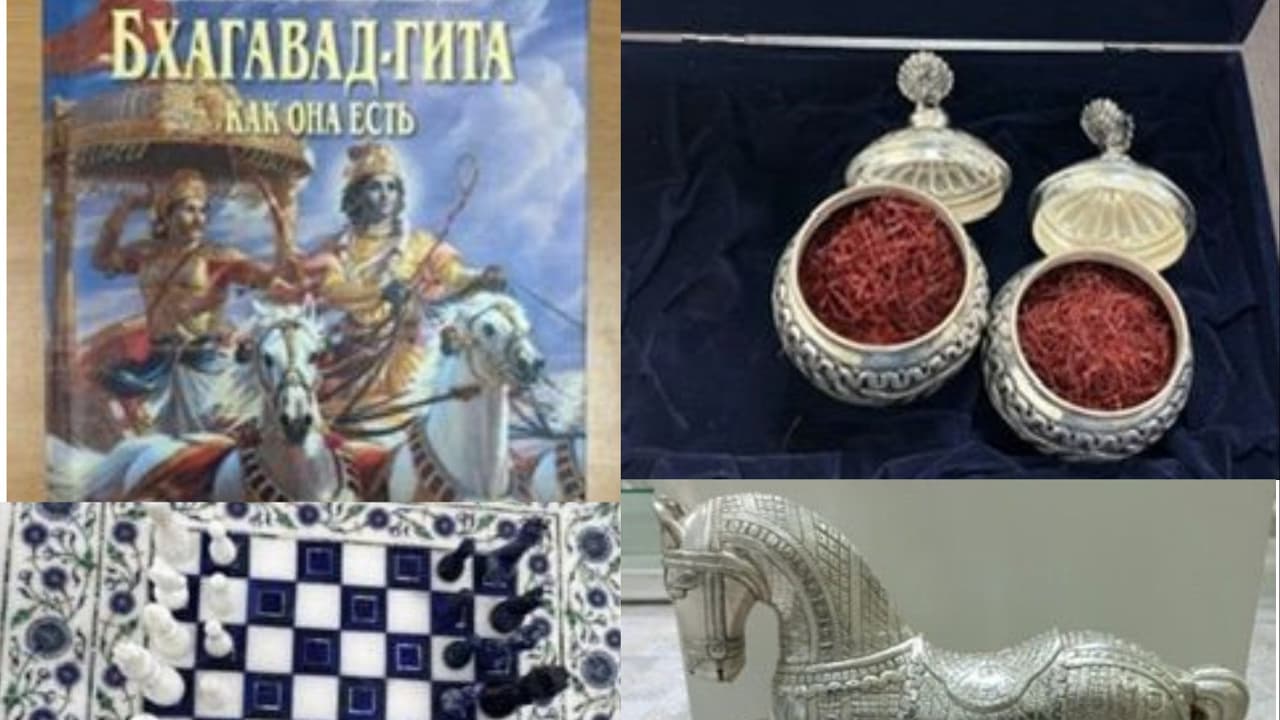 PM Modi gifts Bhagavad Gita, marble chess set, silver horse to President Putin (Photo/ANI)