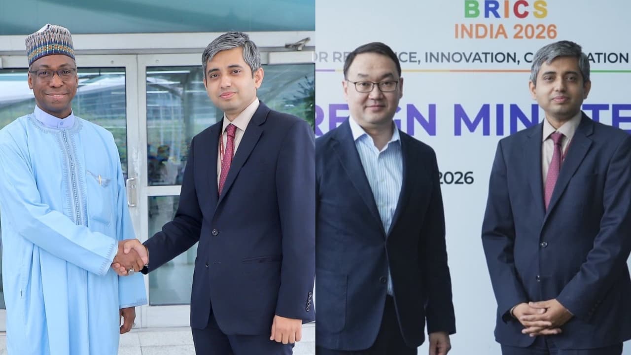 Kazakhstan (R), Nigeria (L) officials arrive in India for BRICS FM meet (Photo/X@MEAIndia) Kazakhstan (R), Nigeria (L) officials arrive in India for BRICS FM meet (Photo/X@MEAIndia)