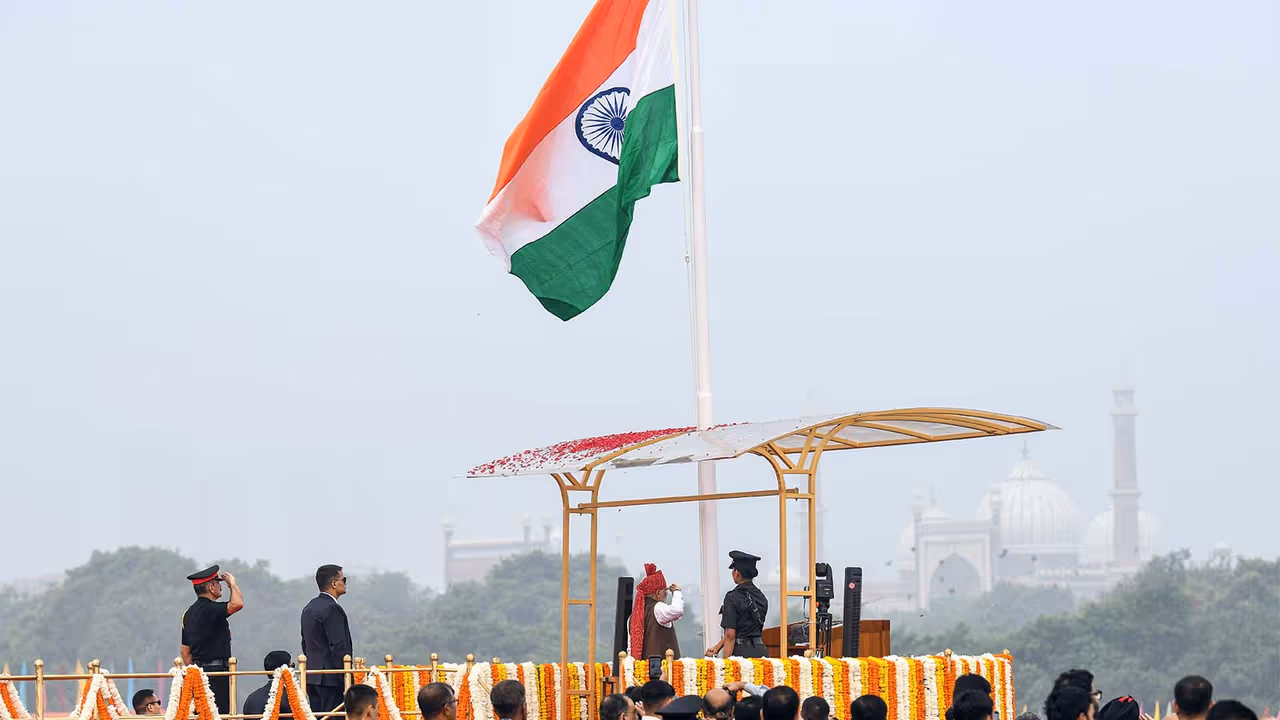 Prime Minister Narendra Modi salutes after hoisting national flag at Red Fort on 80th Independence Day, in New Delhi (Photo/ANI) Prime Minister Narendra Modi salutes after hoisting national flag at Red Fort on 80th Independence Day, in New Delhi (Photo/ANI)