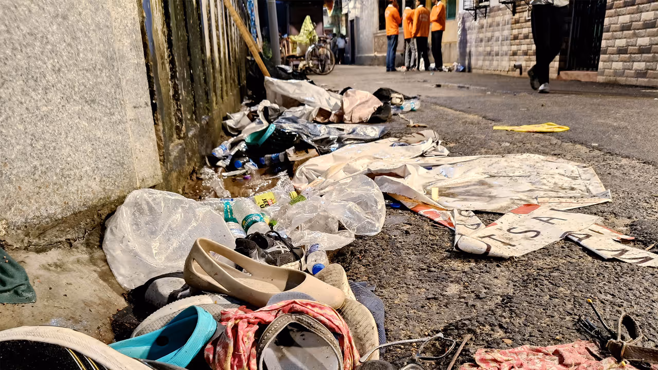 ootwear and other items lie scattered at the site after a stampede like situation at the Chorbagan Sarbojanin Durga Puja pandal (Photo/ANI) ootwear and other items lie scattered at the site after a stampede like situation at the Chorbagan Sarbojanin Durga Puja pandal (Photo/ANI)