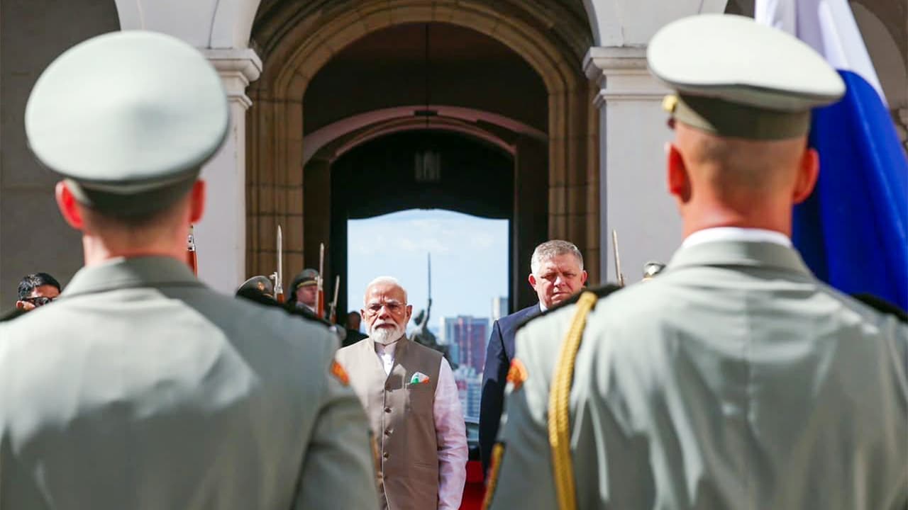 PM Modi recieves ceremonial welcome and Guard of Honour in Bratislava, Slovakia (Photo/ANI) PM Modi recieves ceremonial welcome and Guard of Honour in Bratislava, Slovakia (Photo/ANI)