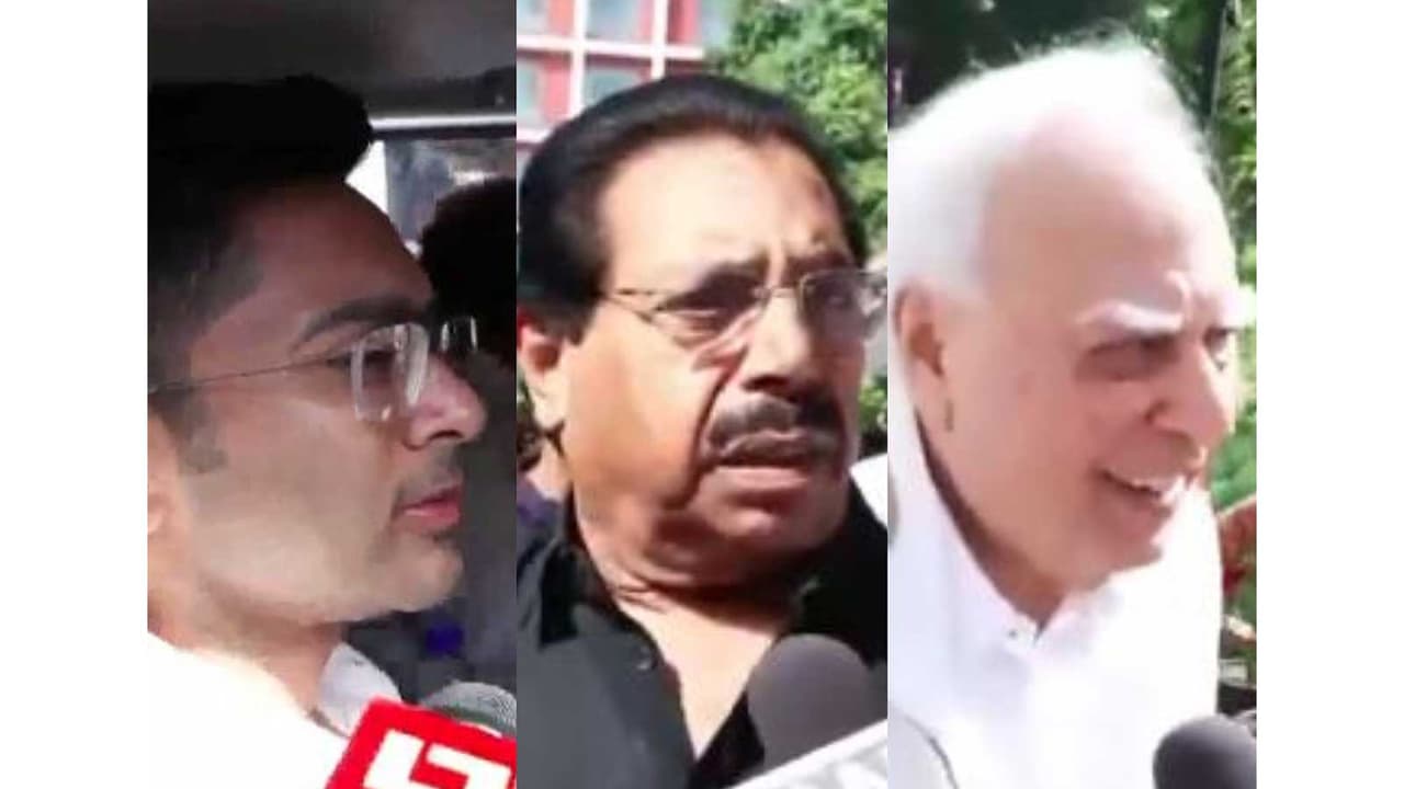 TMC MP Abhishek Banerjee, NCP SP leader PC Chacko and Congress Rajya Sabha MP Kapil Sibal (Photo/ANI) TMC MP Abhishek Banerjee, NCP SP leader PC Chacko and Congress Rajya Sabha MP Kapil Sibal (Photo/ANI)