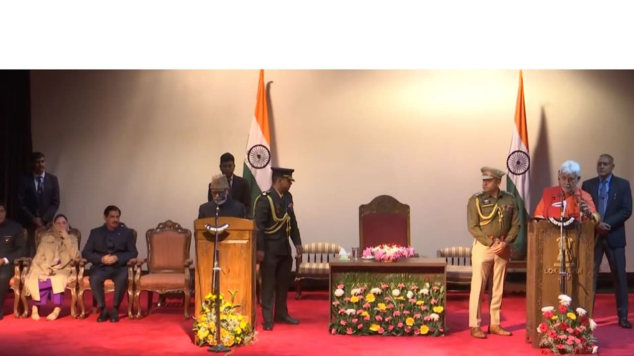 Oath taking ceremony of J K minsters in Srinagar (Photo/ANI) Oath taking ceremony of J K minsters in Srinagar (Photo/ANI)