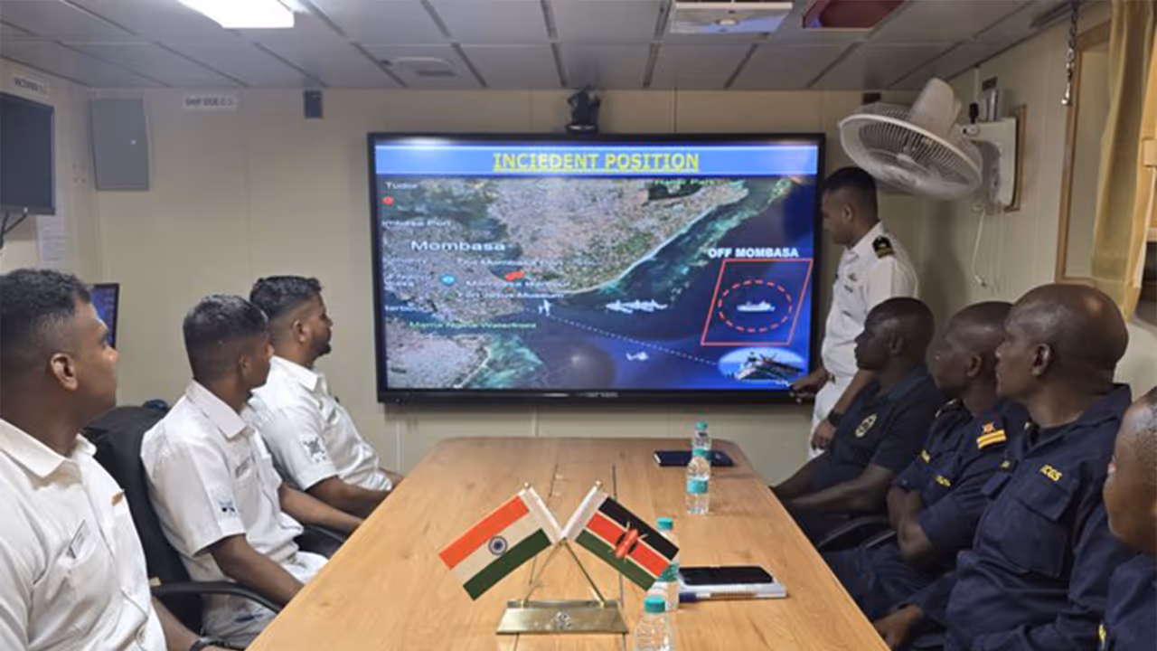 Indian Coast Guard personnel and Kenya Coast Guard Service members participate in a Maritime Search and Rescue tabletop exercise aboard Indian Coast Guard Ship (ICGS) Varaha during professional engagements in Mombasa. (Photo: X/@ahcimombasa) Indian Coast Guard personnel and Kenya Coast Guard Service members participate in a Maritime Search and Rescue tabletop exercise aboard Indian Coast Guard Ship (ICGS) Varaha during professional engagements in Mombasa. (Photo: X/@ahcimombasa)