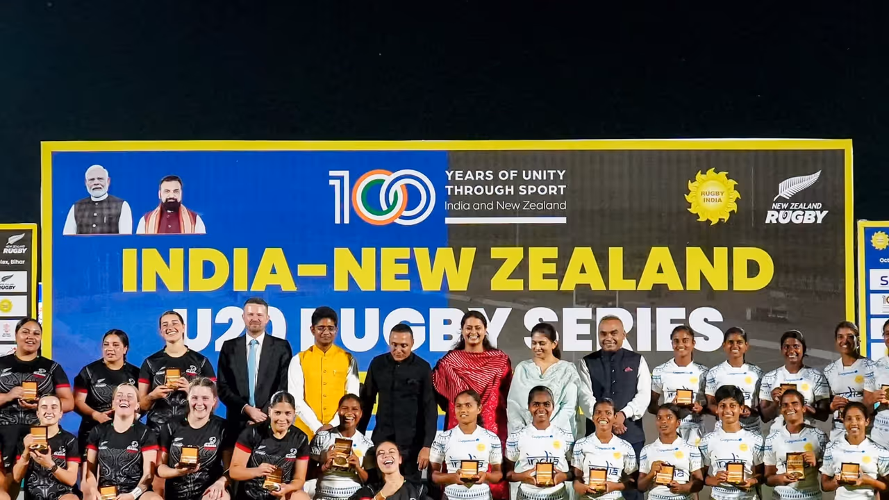 Raksha Khadse with India and New Zealand Rugby players and officials in Rajgir. (Photo: PIB) Raksha Khadse with India and New Zealand Rugby players and officials in Rajgir. (Photo: PIB)