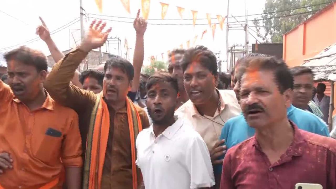 BJP celebrates as Hasi Rani Rath leads in Nandigram Assembly constituency (Photo/ANI) BJP celebrates as Hasi Rani Rath leads in Nandigram Assembly constituency (Photo/ANI)