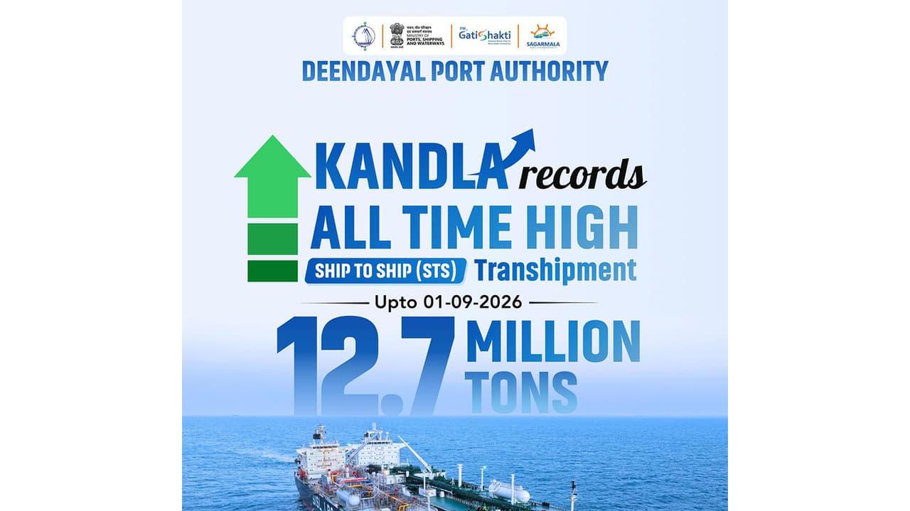 DPA Kandla achieves all time high 12.7 MT transhipment milestone (Photo: x/@Deendayal_Port) DPA Kandla achieves all time high 12.7 MT transhipment milestone (Photo: x/@Deendayal_Port)