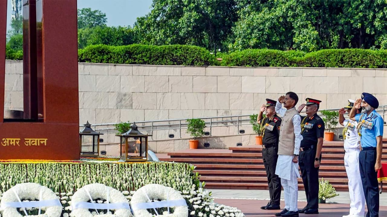 Union MoS Defence Sanjay Seth, Defence Secretary Rajesh Kumar Singh, and the top military leadership pay homage to Kargil War heroes (Photo/ANI) Union MoS Defence Sanjay Seth, Defence Secretary Rajesh Kumar Singh, and the top military leadership pay homage to Kargil War heroes (Photo/ANI)