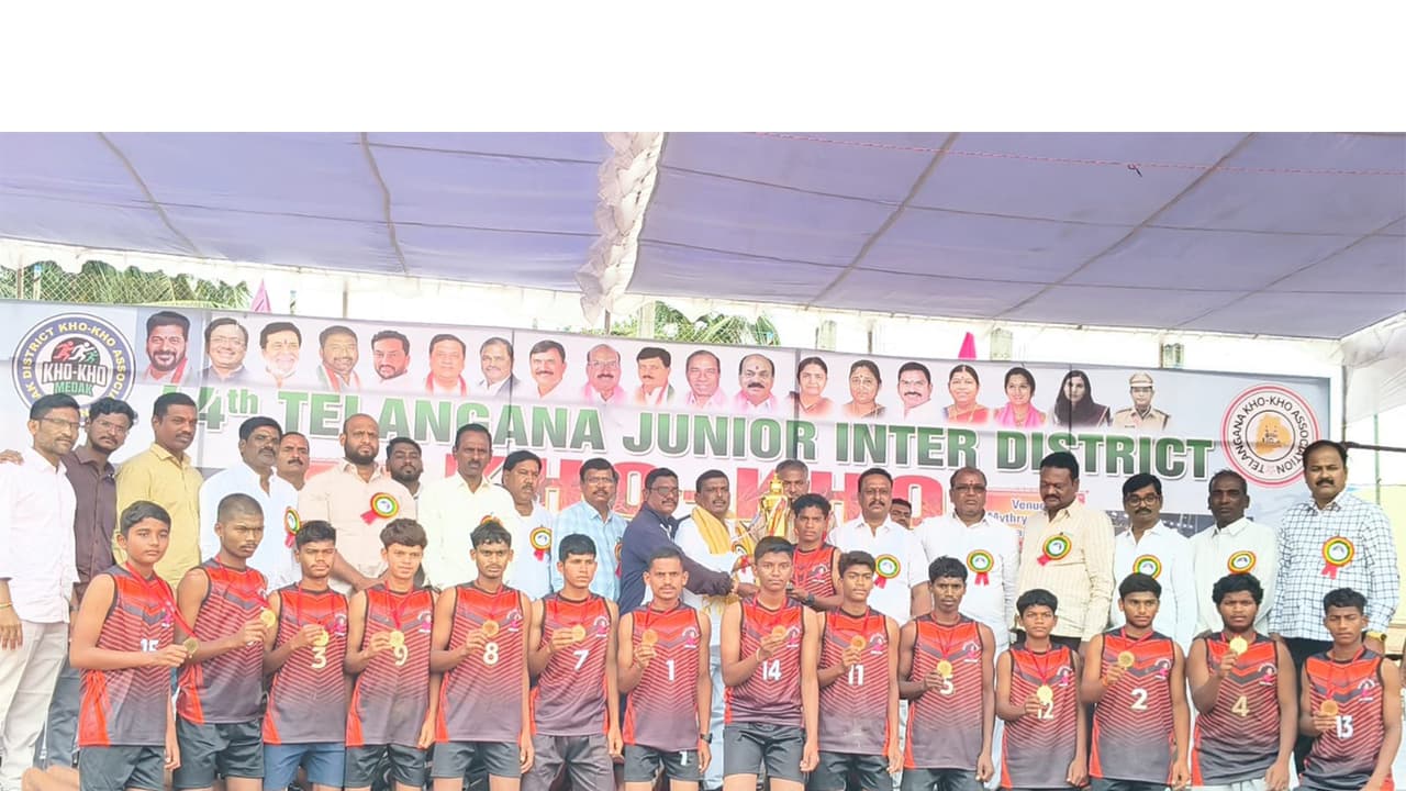 Adilabad boys team after winning gold medal in 44th Telangana State Junior Inter district Kho Kho Championship (Image: KKFI media)