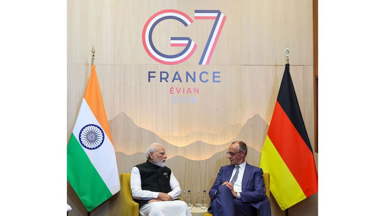 Prime Minister Narendra Modi meets German Chancellor Friedrich Merz on the sidelines of the 52nd G7 Summit in Évian les Bains, France. (Photo: X/@narendramodi) Prime Minister Narendra Modi meets German Chancellor Friedrich Merz on the sidelines of the 52nd G7 Summit in Évian les Bains, France. (Photo: X/@narendramodi)