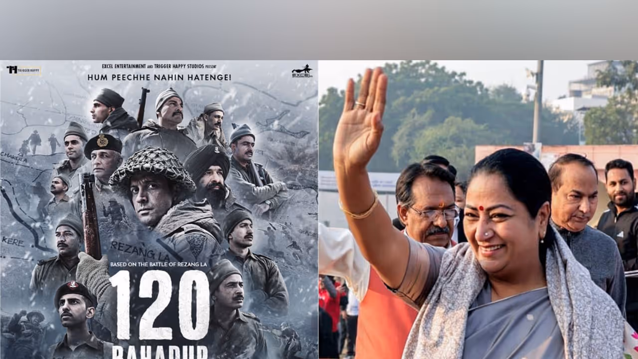 120 Bahadur poster (L) Delhi CM Rekha Gupta (R) (Photo: Instagram/@excelmovies/File Photo/ANI)