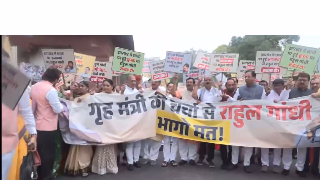 NDA MPs protest in Delhi, targeting the Opposition over Parliament disruptions and the Jharkhand student protests (Photo\ANI) NDA MPs protest in Delhi, targeting the Opposition over Parliament disruptions and the Jharkhand student protests (Photo\ANI)