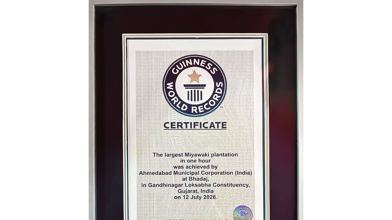 Officials of the Ahmedabad Municipal Corporation (AMC) receive the Guinness World Record certificate after successfully planting 3.61 lakh trees in one hour (Photo/@AmitShah) Officials of the Ahmedabad Municipal Corporation (AMC) receive the Guinness World Record certificate after successfully planting 3.61 lakh trees in one hour (Photo/@AmitShah)