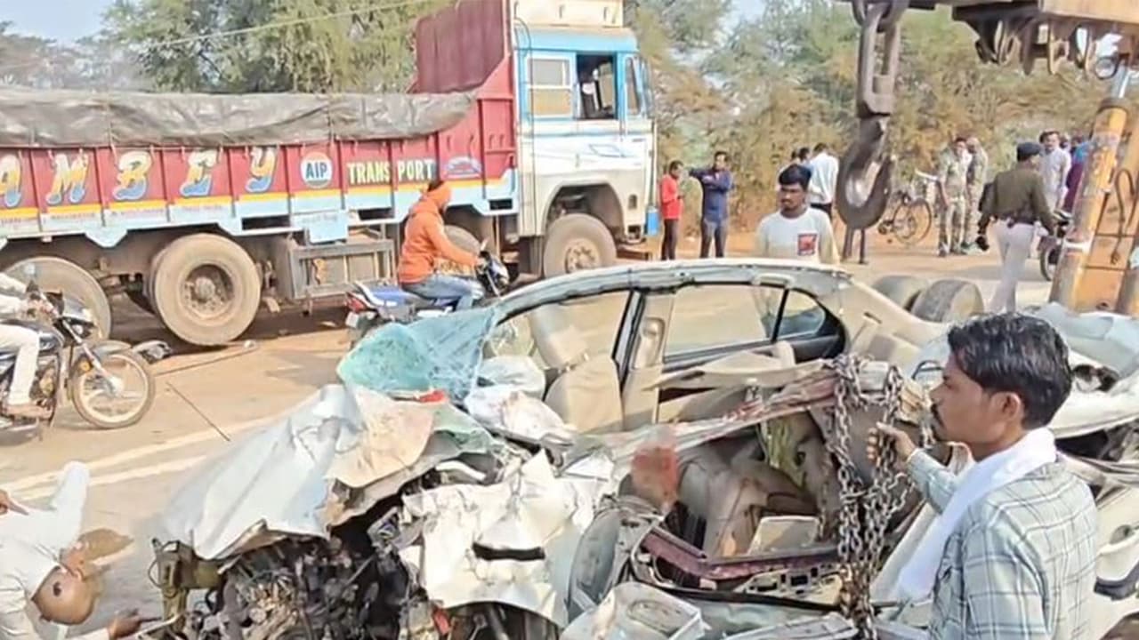 Visuals from the accident site show the damaged car involved in the collision in Dhamtari (Photo/ANI) Visuals from the accident site show the damaged car involved in the collision in Dhamtari (Photo/ANI)