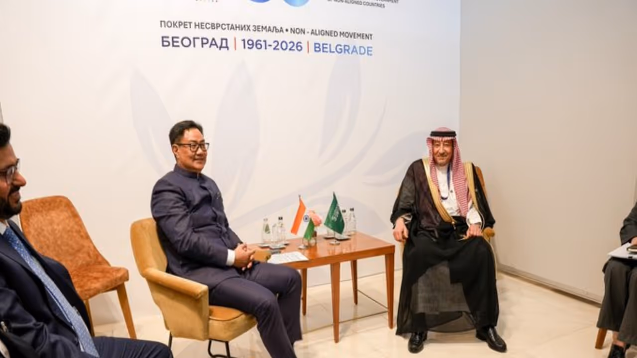 Union Parliamentary Affairs Minister Kiren Rijiju meeting with Saudi Arabia's Deputy Minister of Foreign Affairs, Waleed A. M. Elkhereiji, on the sidelines of the NAM Summit in Belgrade. (Photo: X/@KirenRijiju) Union Parliamentary Affairs Minister Kiren Rijiju meeting with Saudi Arabia's Deputy Minister of Foreign Affairs, Waleed A. M. Elkhereiji, on the sidelines of the NAM Summit in Belgrade. (Photo: X/@KirenRijiju)